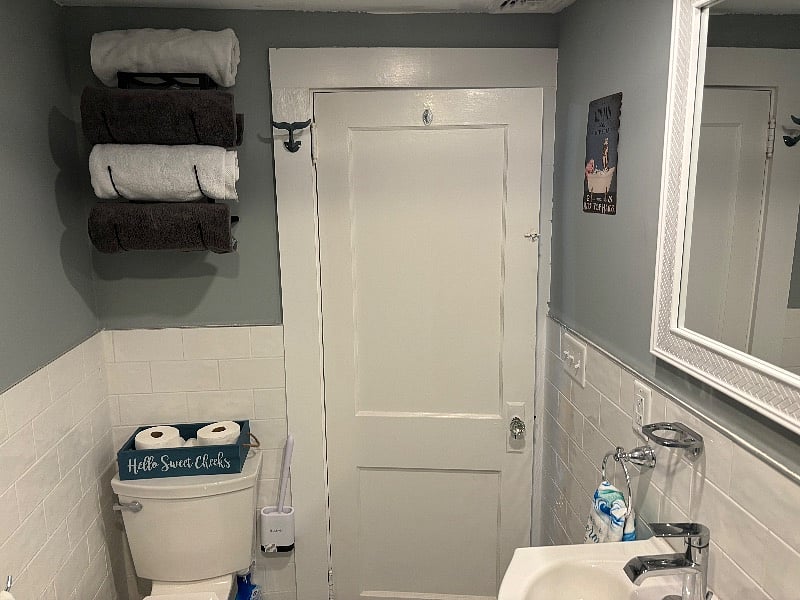 Renovated and updated bathroom with full tub. All bath and beach towels are provided for you.