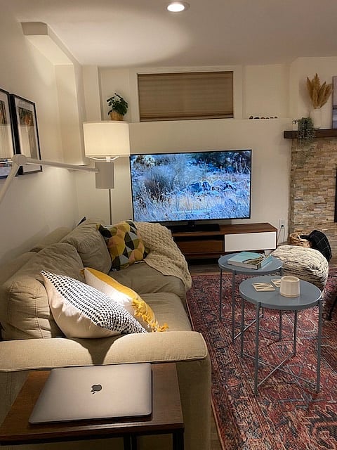 Comfortable down filled sofa with 55 inch smart TV with all streaming apps . Tenant will need to input his/her own passwords to access these streaming apps. Wifi included