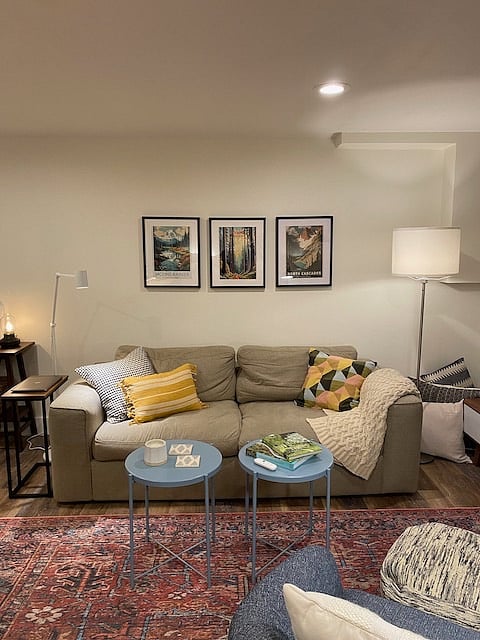 View of sofa from the queen bed.