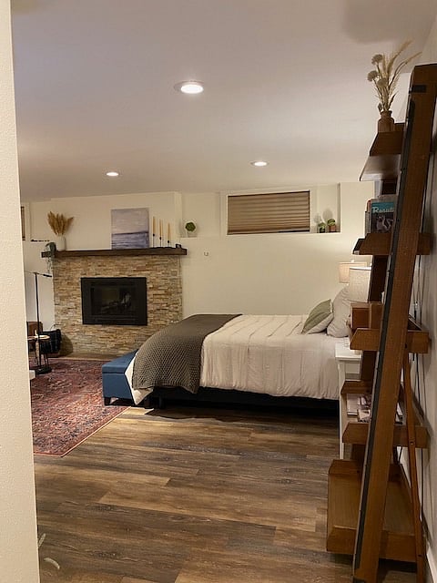 Another view coming from the bathroom, down a hallway to the bedroom area.
