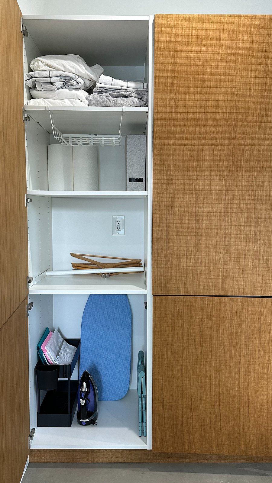 Clothes and linen closet, iron, ironing board, three laundry bags, etc. Additional storage for personal items will be available in built-in under the bed storage.