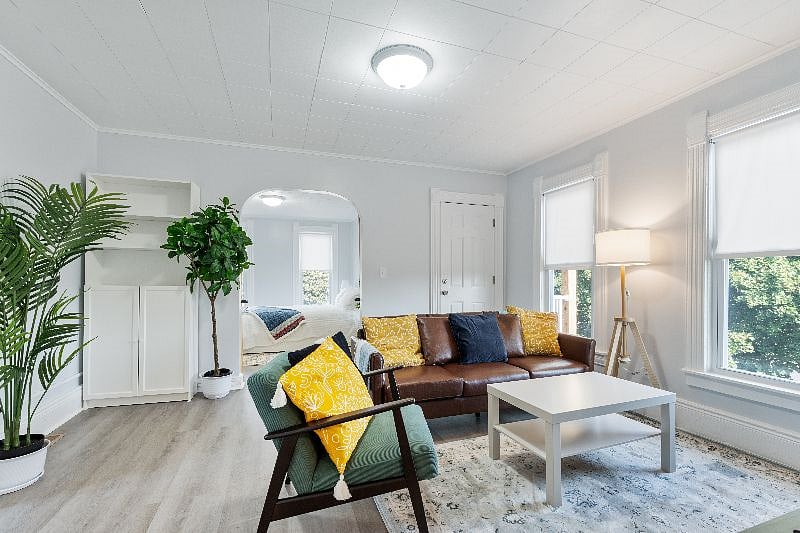 The living room enters onto the private balcony.