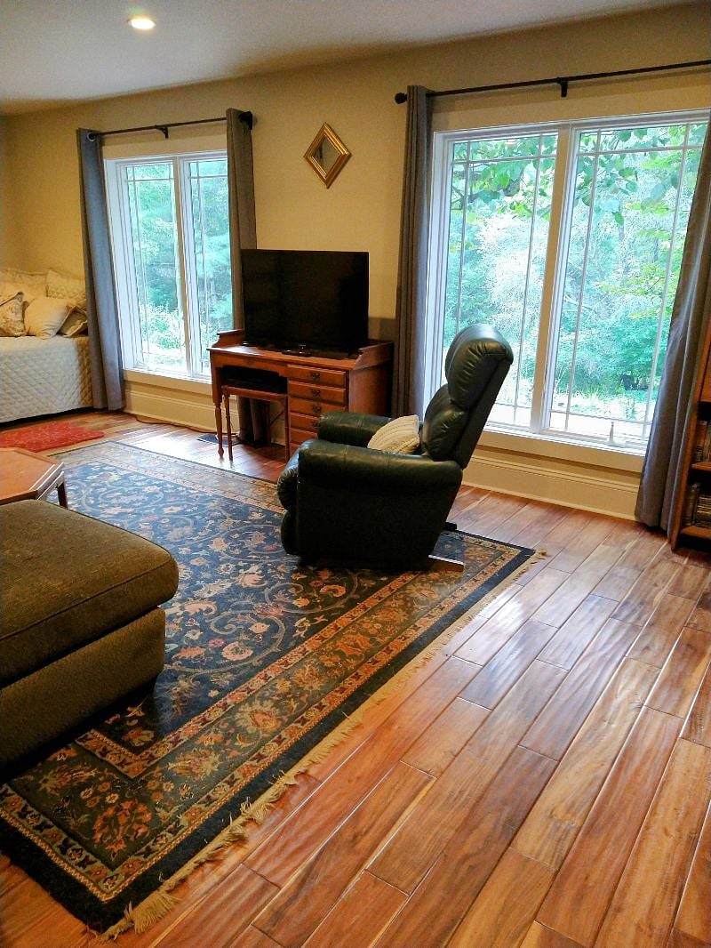 Living room of Unit 1 showing views.  TV for streaming and video only, house does not get over air TV signal.   
