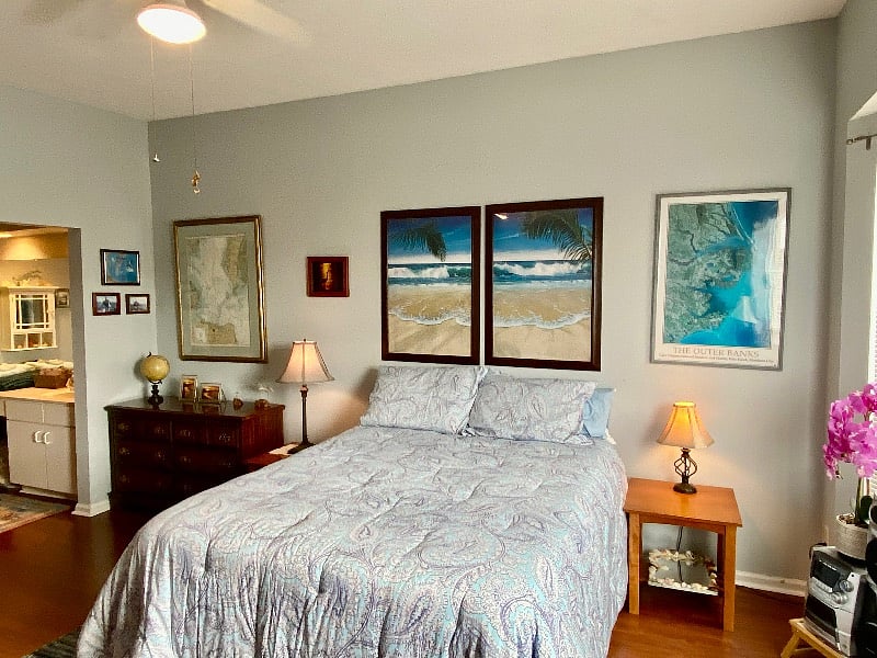 Comfortable queen bed with 3" My Pillow topper that makes anyone fall right to sleep! New sheets, blanket, pillows, and comforter. Beach vibe with local touches, including nautical chart of the Chesapeake Bay and satellite view of the Outer Banks!