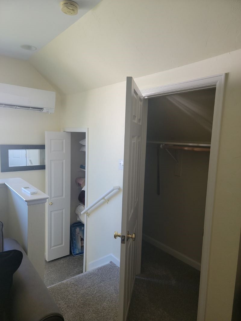 Linen closet and full-size clothes closet