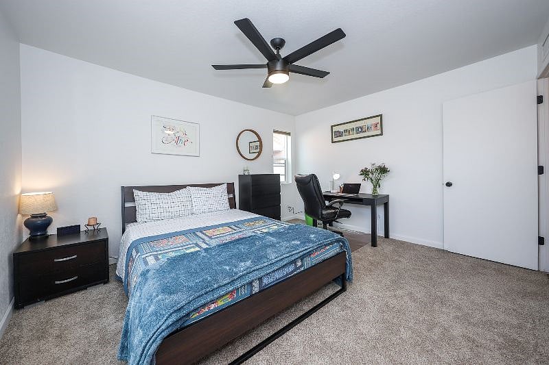 large master Queen bedroom with walk-in closet, desk and adjoining bathroom, new carpet