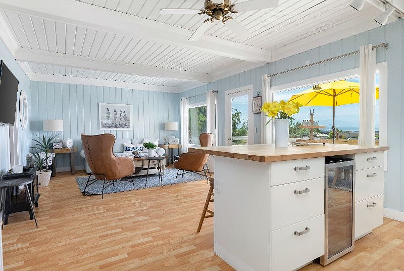 Island and living room