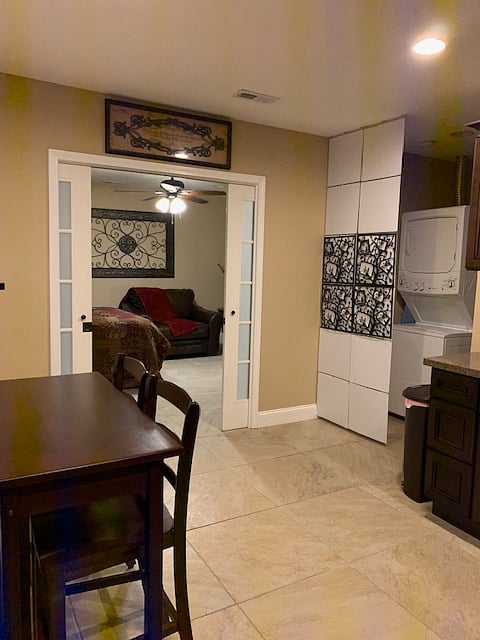 Sliding doors separate kitchen from bedroom