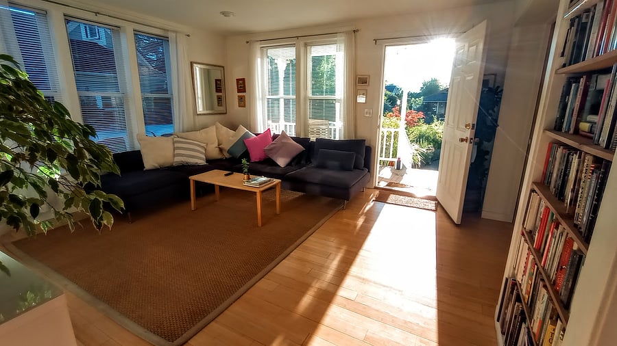 Dawn sunshine floods into the front living room.