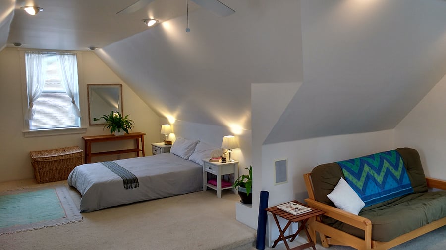 Upper attic bedroom. A ceiling mini-split heats and cools this open space.
