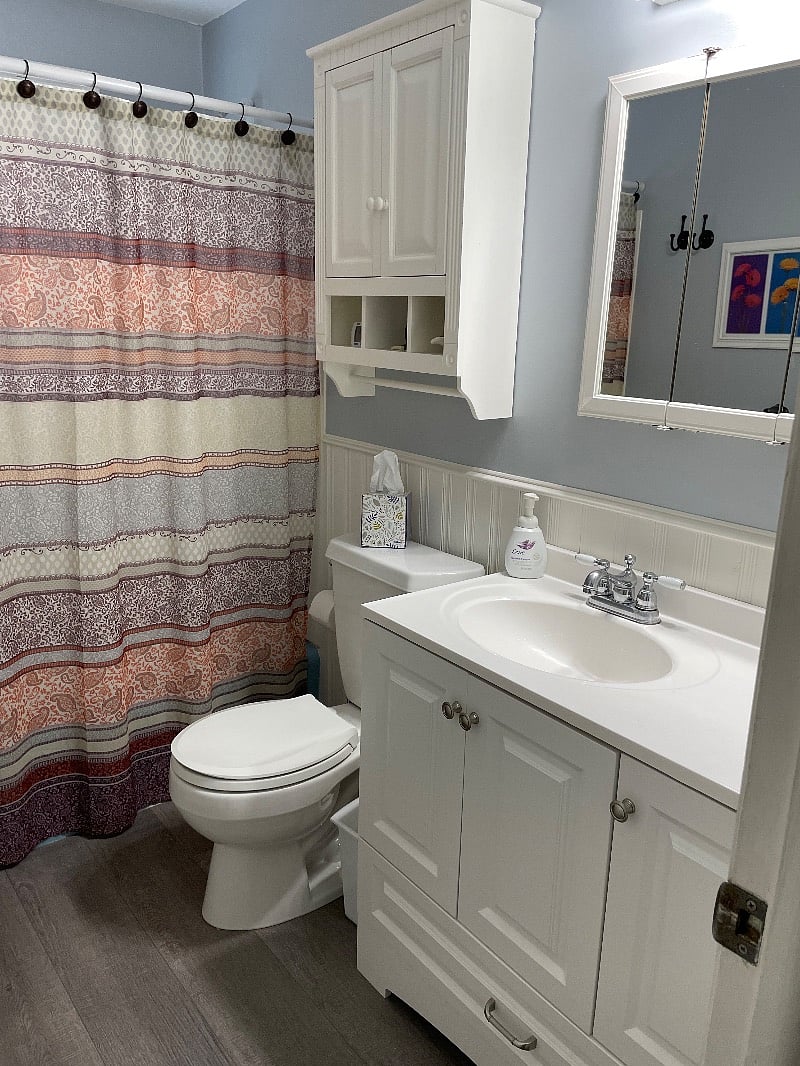 Guest bathroom in the hallway, right next to the bedroom. 