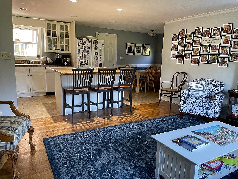 The kitchen/living room area is on a different level than the guest rooms. The kitchen is shared by the hosts, but guests have full access to it. 