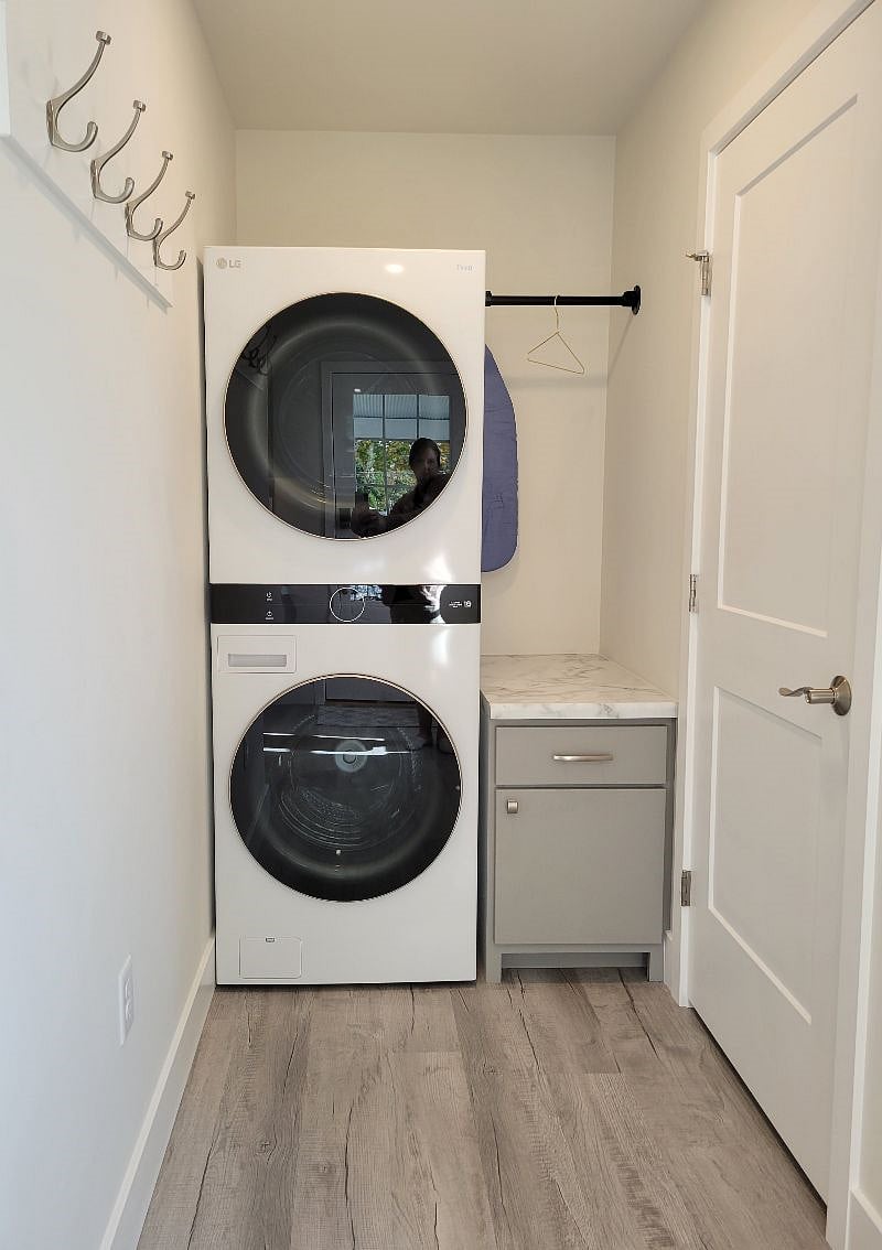 1st floor laundry. Iron and ironing board. Outdoor place to dry clothes if you wish!