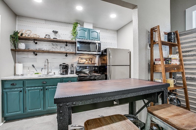 Kitchen island next to coffee station