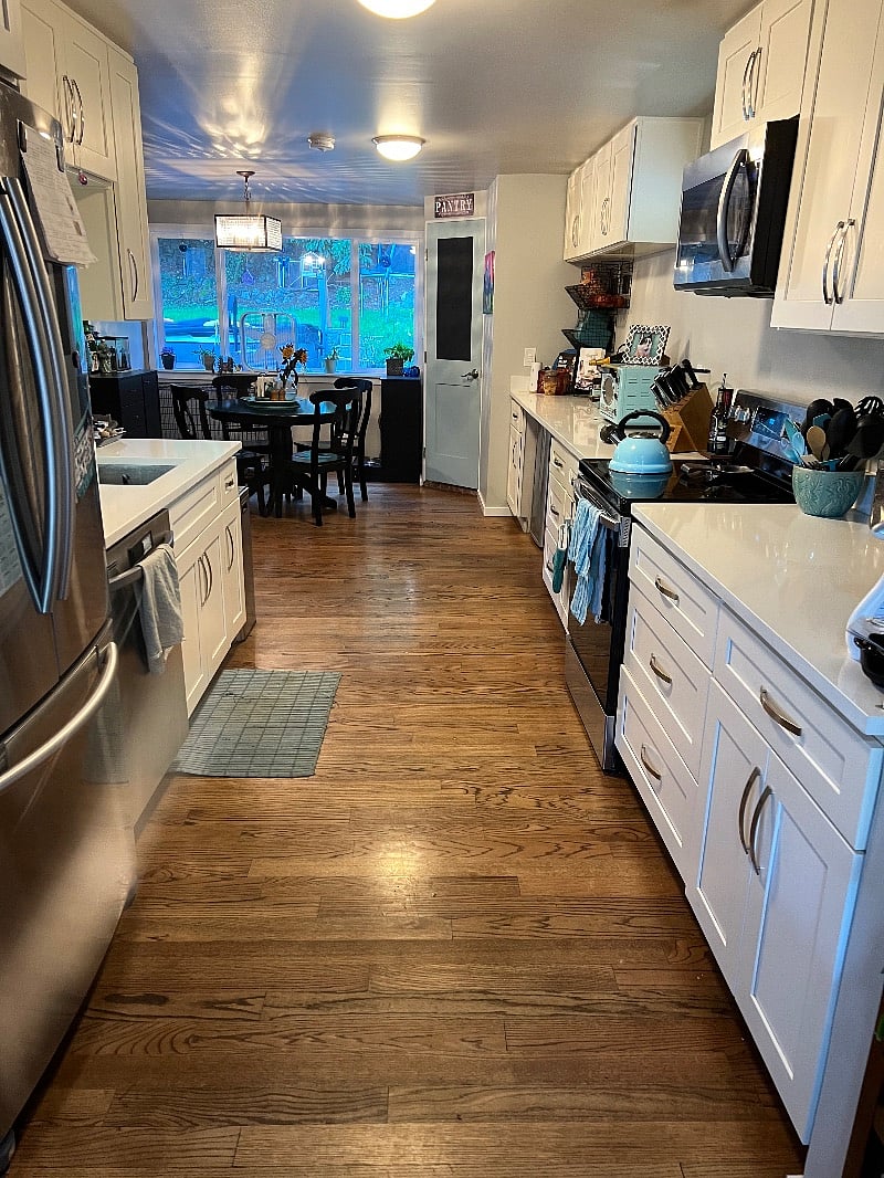 Kitchen has loads of counter space; tenant will be provided a full cabinet for storage of food; there is also a full size freezer outside and a beverage frig below the counter 