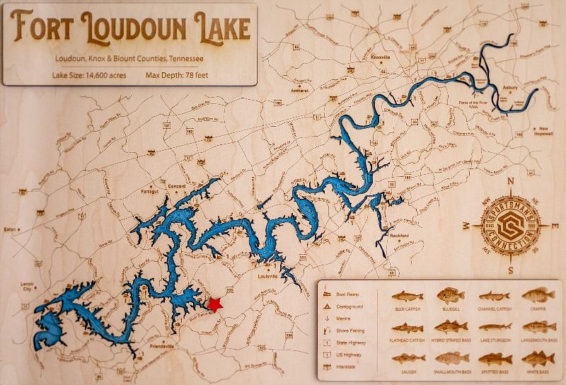 Map of Ft Loudon Lake. Red star is home location on the lake.