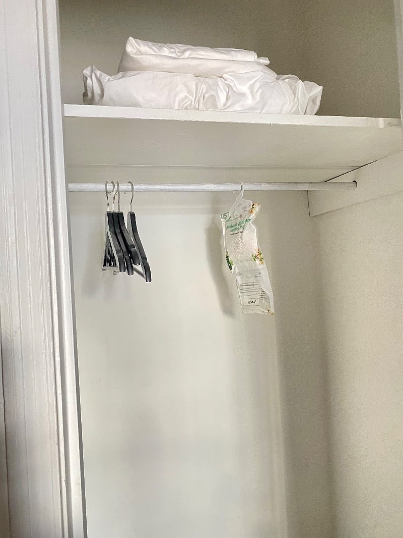 No need to worry about wrinkled clothes! Our bedroom comes equipped with hangers to keep your wardrobe in pristine condition.