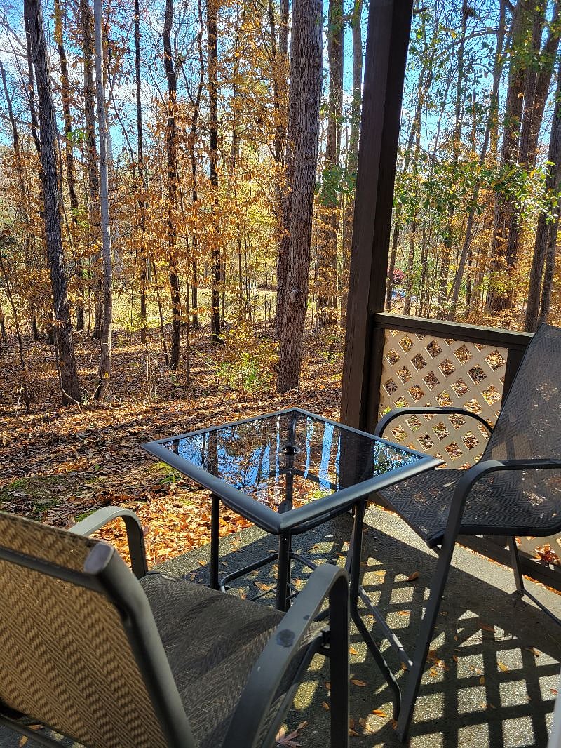 Northside Condo. Covered patio facing woods.