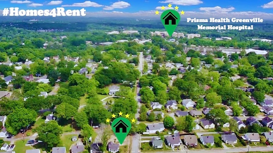 Minutes from Prisma Health Greenville Memorial Hospital. Photo of home and hospital for reference.