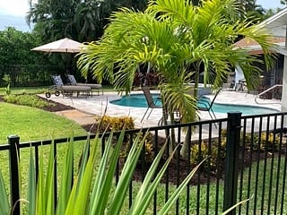 Rear yard fenced in pool and grass area