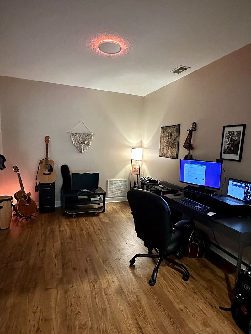 First floor office space with desk and laptop workstation plugin. 
