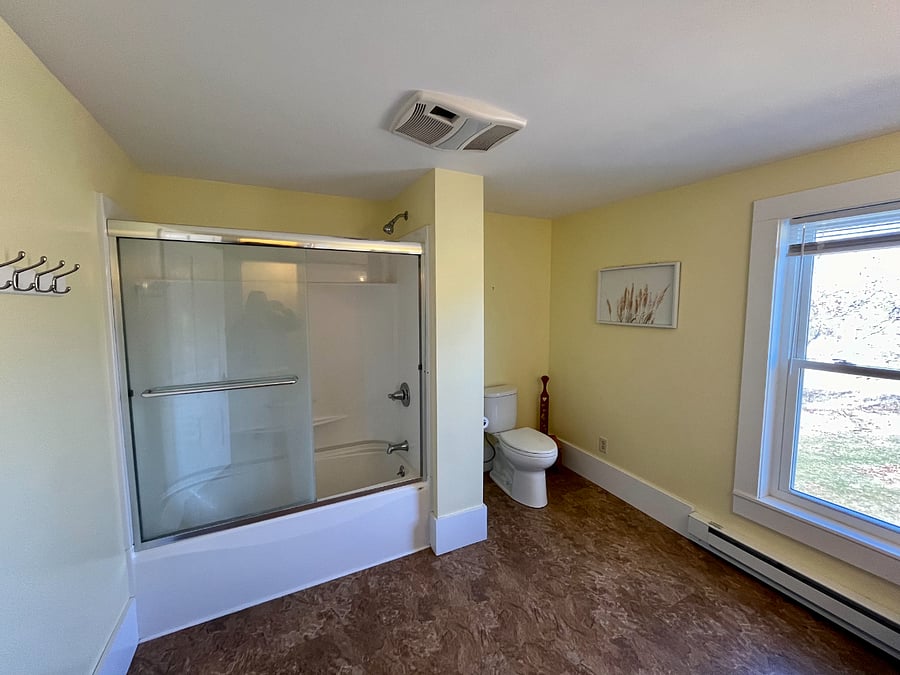 Large bathroom, step-in tub/shower.