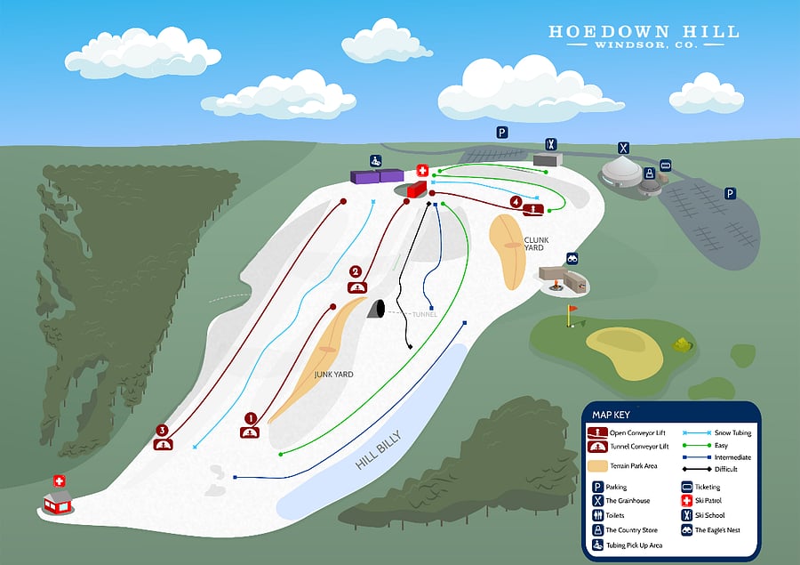 Hoedown Hill is the new Ski/tubing/terrain park right next to the Clubhouse at Raindance National.