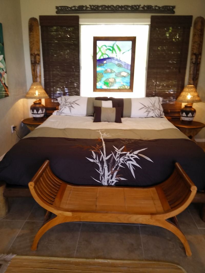Cal KIng bed with black bamboo/coconut frame.