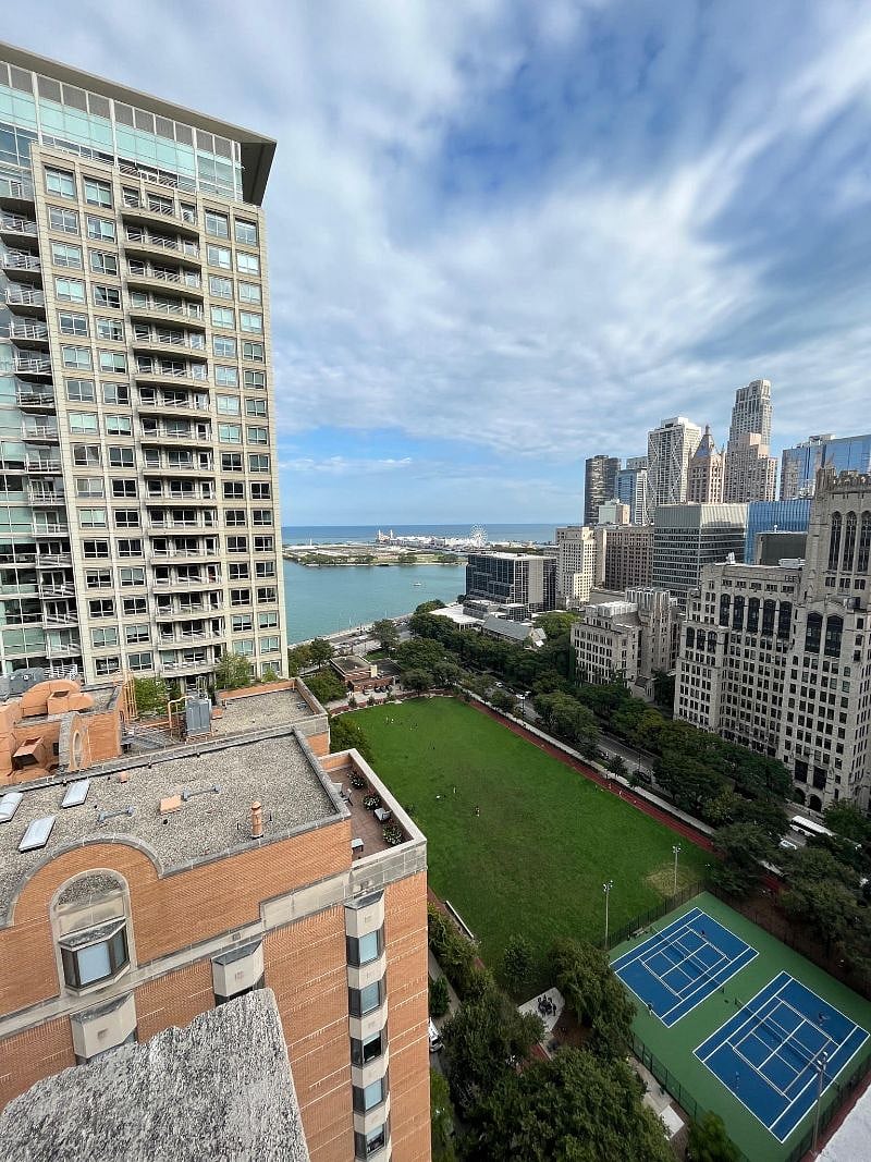 Outdoor patio view of lake and Navy Pier