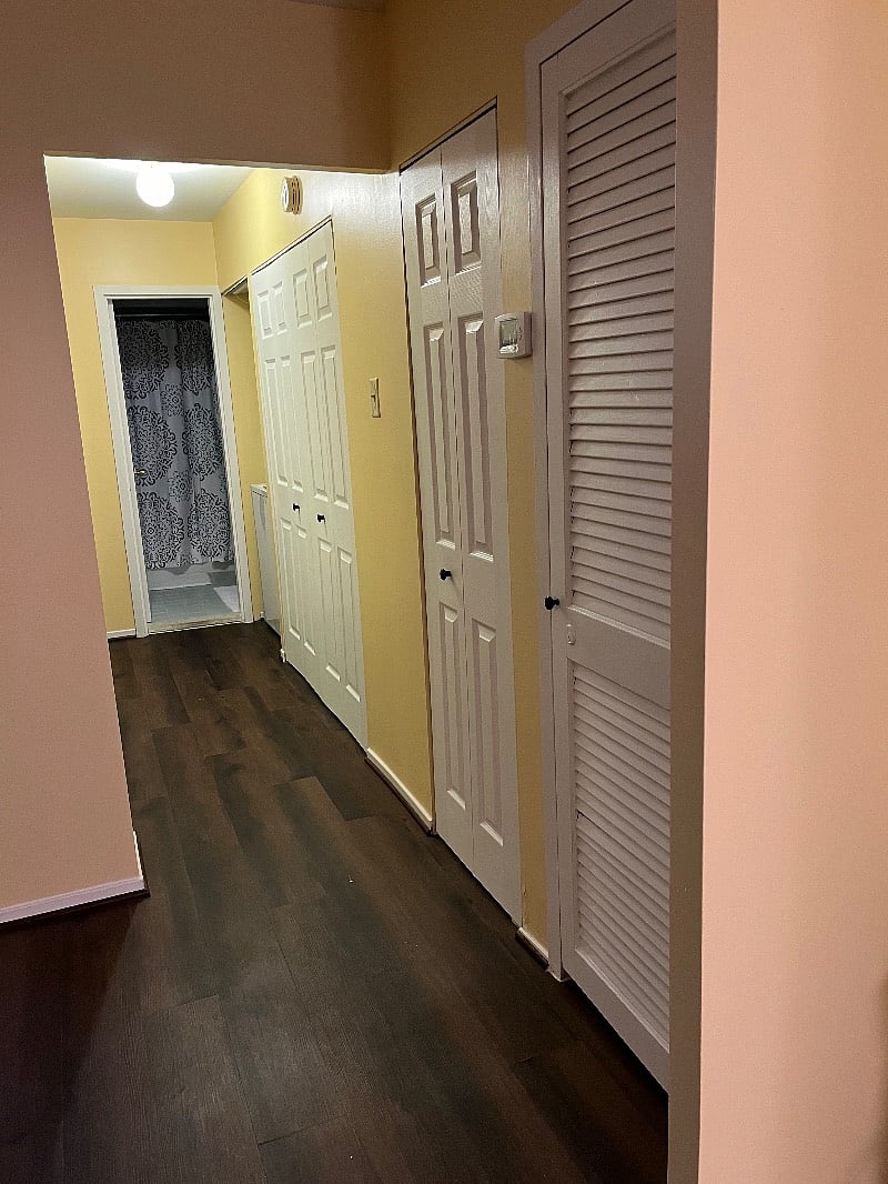 Hallway to bathroom, washer/dryer, closets, and bedroom