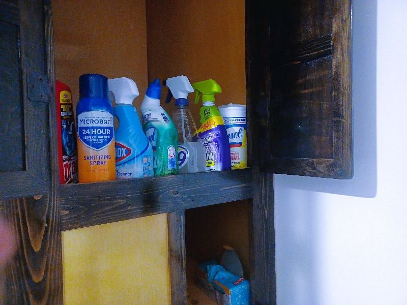 Bathroom cleaning supplies - toilet paper provided.