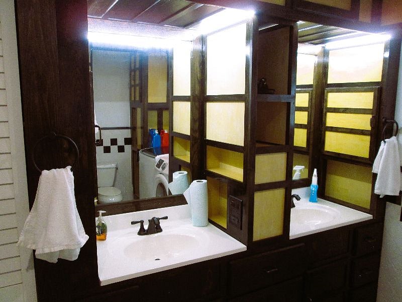 Bathroom Vanities, LED Lit   Liquid Hand soap provided
Each vanity has 4 GFCI outlets for your convivence and protection as well as lots of storage space.
