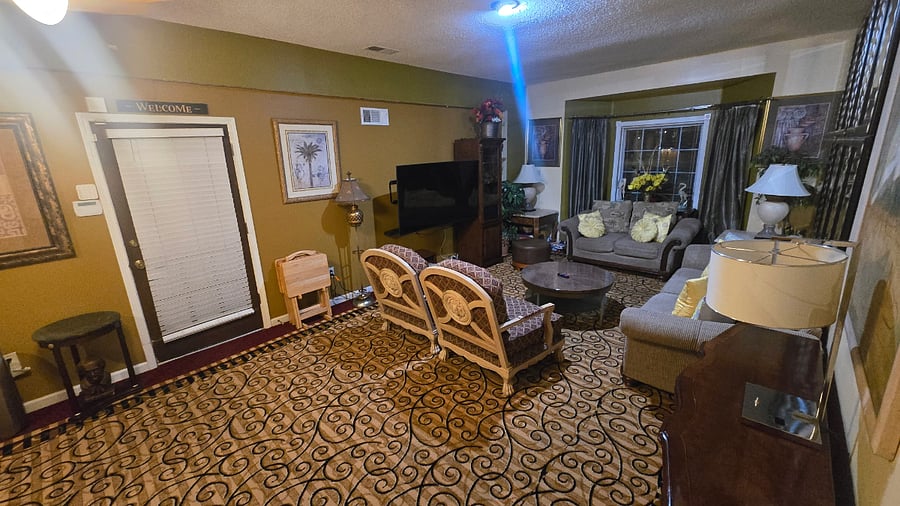 Extra large entertainment room with curved TV in numerous amenities.Extra large entertainment room with curved TV in numerous amenities.