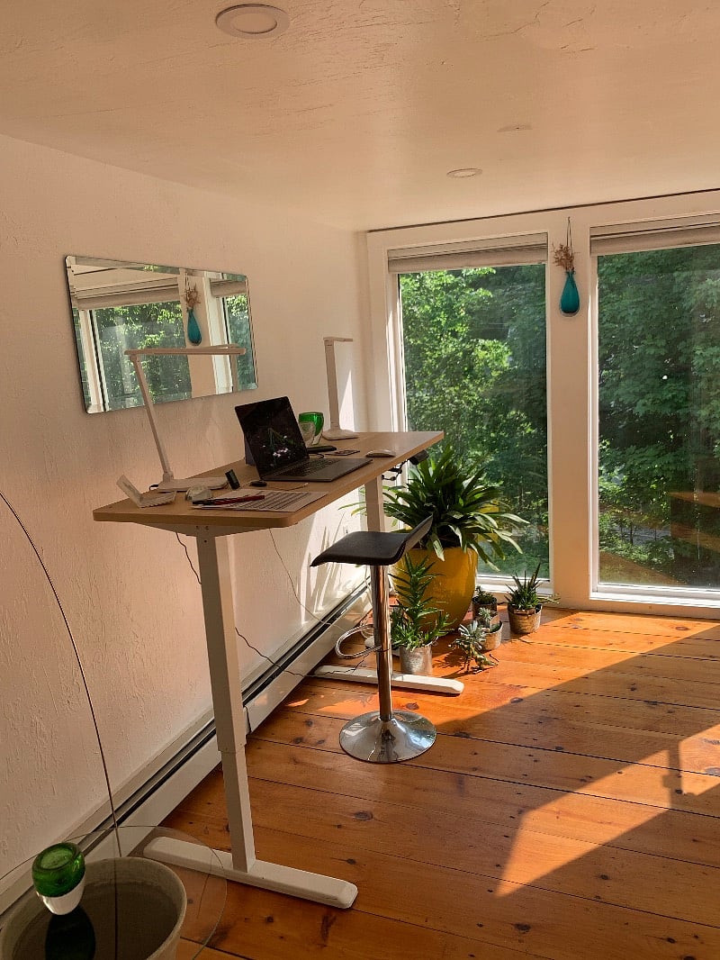 Work area on first floor beside floor-to-ceiling windows overlooks lush hill and patio behind house.