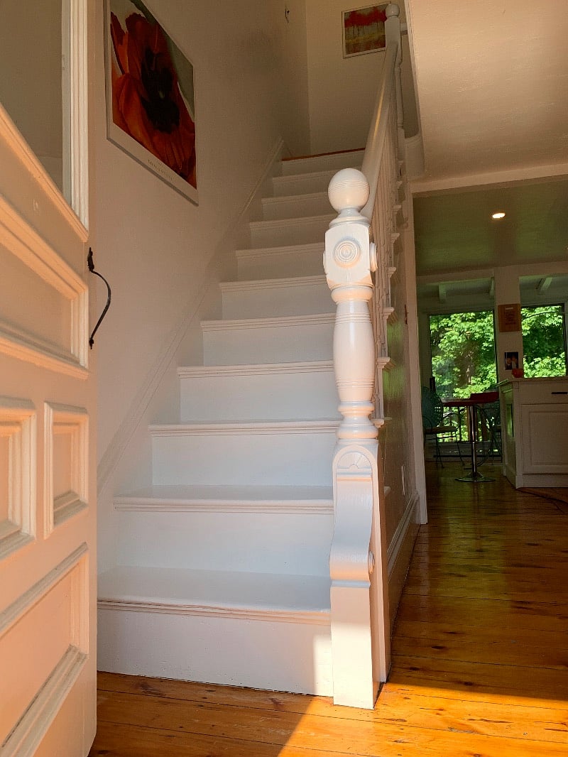View from second front door. Living room to right. In background, kitchen to right, dining area and work area in rear.