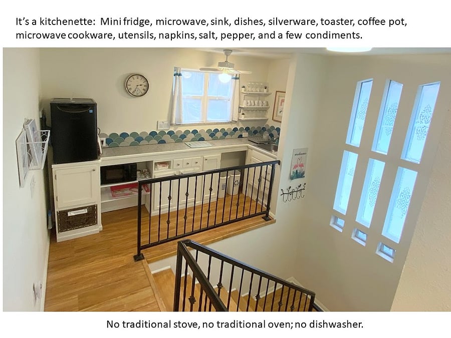 The kitchenette is 12 x 4.
Guests need to take out garbage and recycle each week by Wednesday evening. Those cans are on the other side of the house.