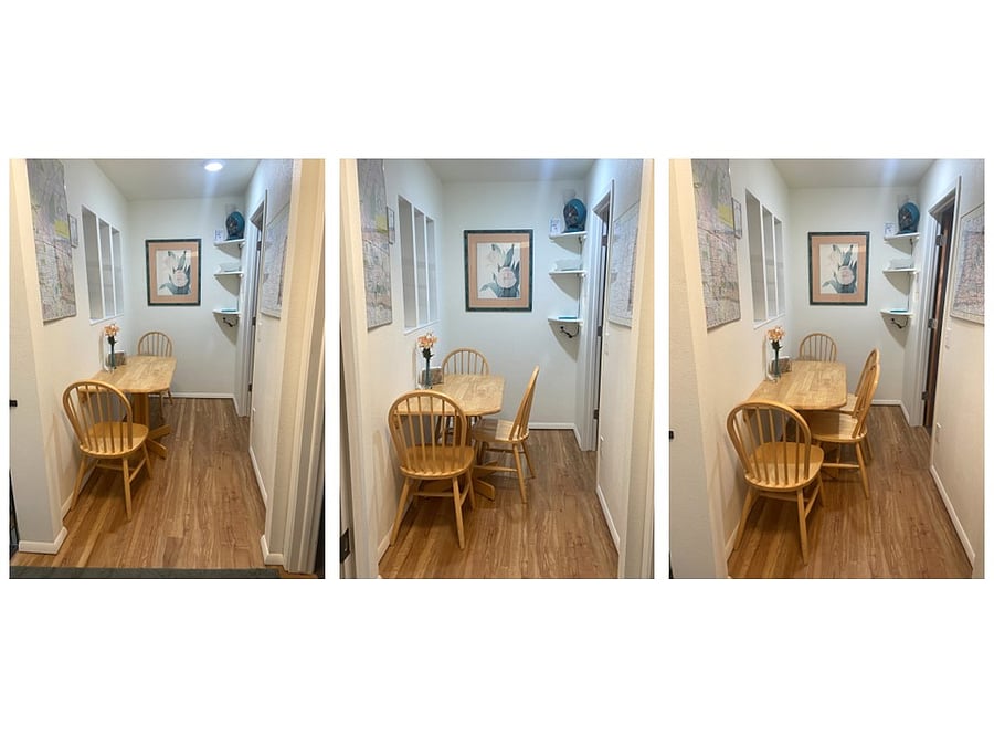 Seating for two, three, and a bit cozy 4...but it works.