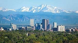 Drone view of the Denver skyline.