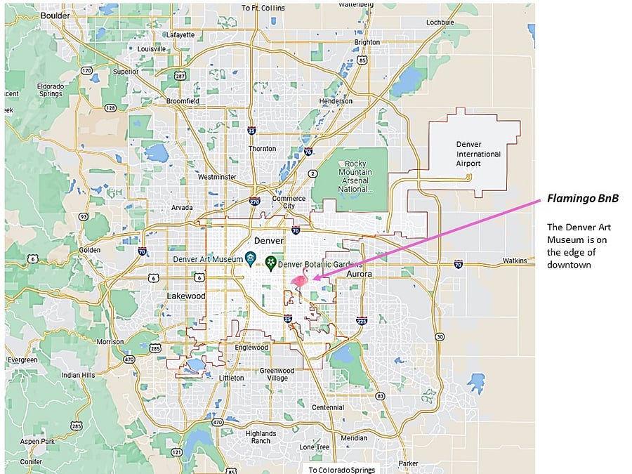 Close to everything in central-ish Denver: Museums, zoo, ball parks, hospitals, downtown. Anschutz Medical campus is 7 miles/17 minutes from here (UC Health, VA. Swedish, Children's hospitals. Nat'l Jewish is 3.5 miles, Rose is 2.8 miles, Presbyterian/St. Lukes and St. Josephs are about 5.3 miles.