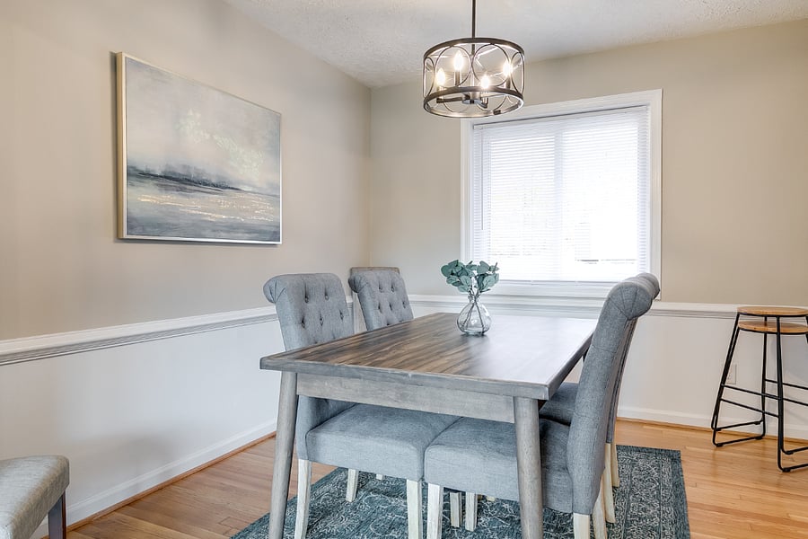 Perfect size farmhouse style dining room table with space and seating for 6.