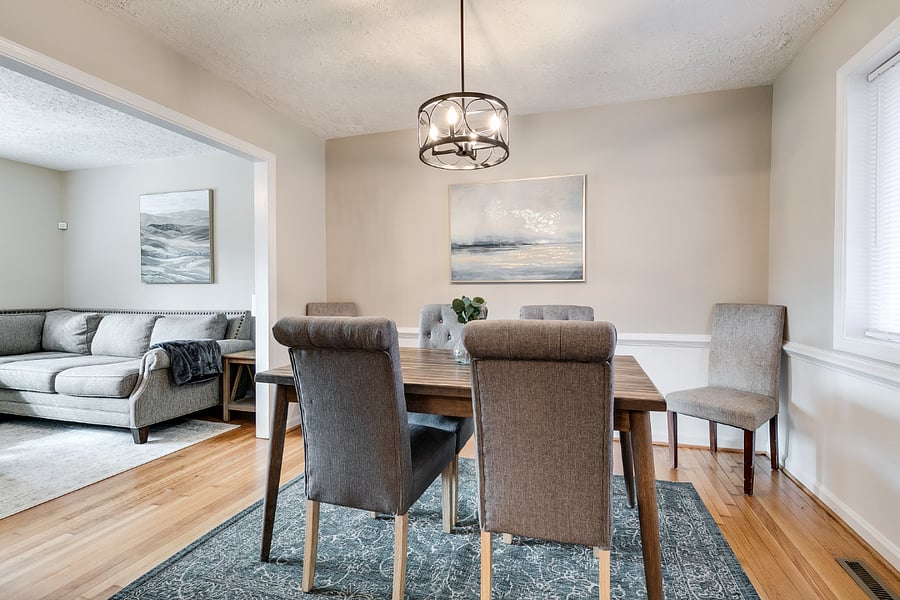 Perfect size farmhouse style dining room table with space and seating for 6.Full kitchen recently remodeled kitchen with new granite countertops, shaker style cabinets and stainless steal appliances. Fully equiped with the essentials for cooking any meal.