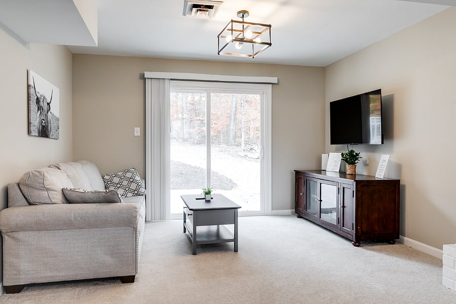 Large downstairs game room with ample space along with a 10-in-1 table game (foosball, air hocky, ping pong, pool, etc.) tons of old school video game and board games, puzzles, 55" UHD TV and sleeper sofa.