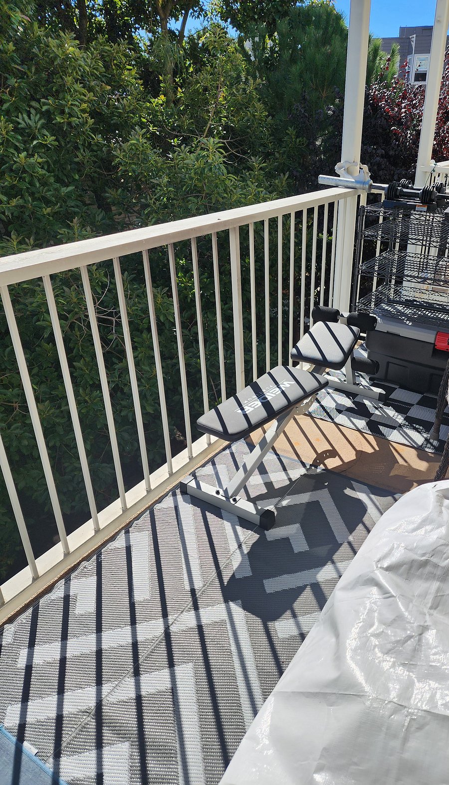 In the works balcony. You are free to use the weights and bench. There is room for a bike, and the gas BBQ is out there. It will look much more cozy in days to come..