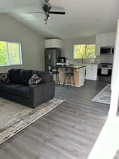 Open floor plan with vaulted ceiling and ceiling fan. Lots of light.