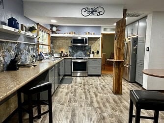 Large Kitchen with bistro tables and stools.