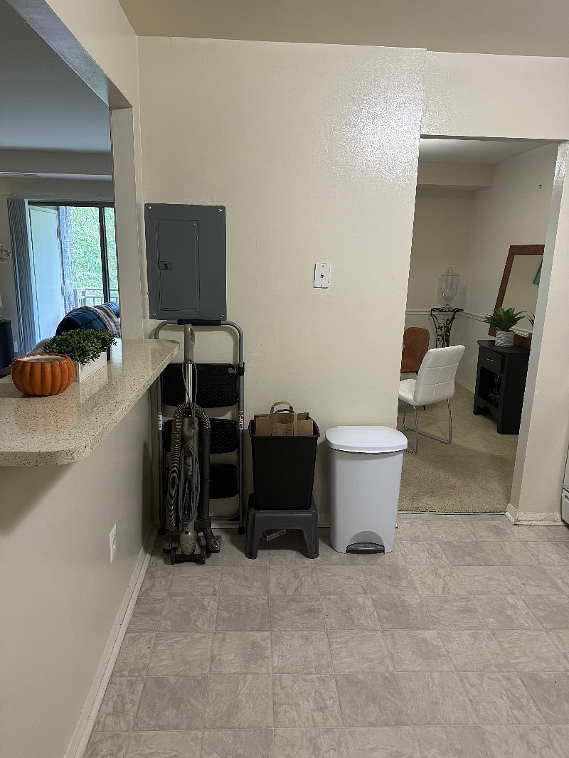 View of dining area from kitchen pantry. 