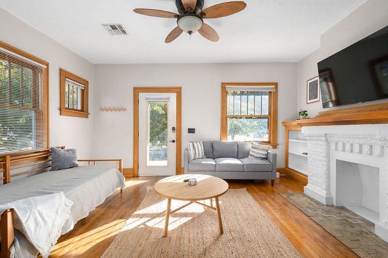 Spacious family room with high ceilings