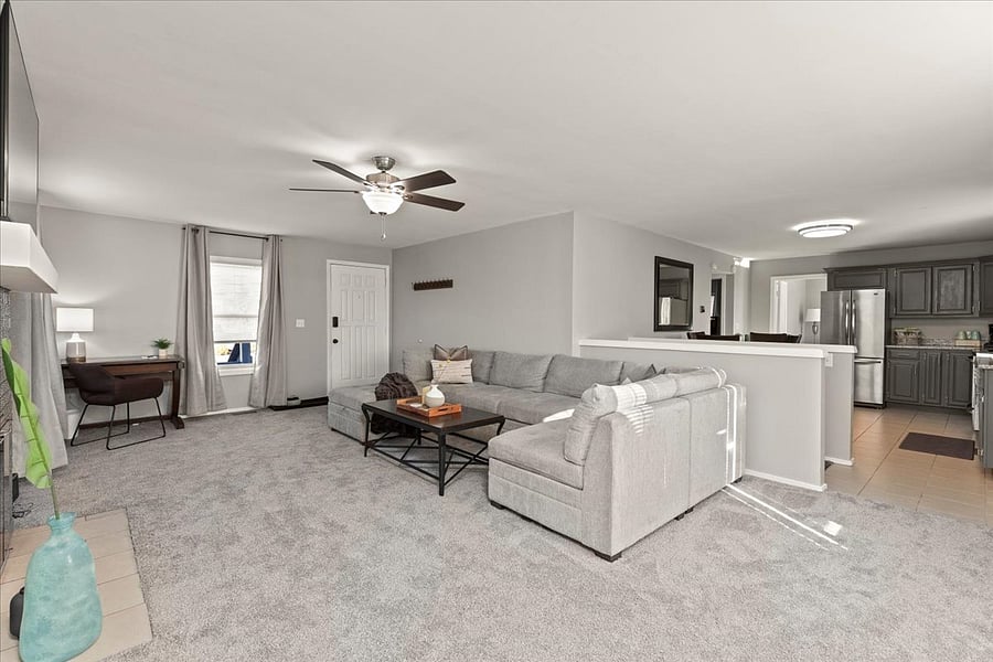 Open floor plan. Work, living and kitchen spaces.