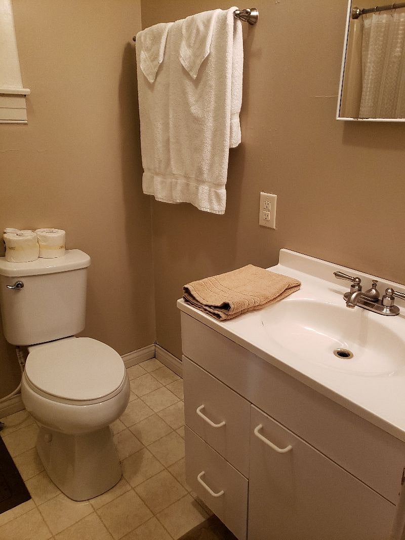 Bathroom vanity & toilet.

Stocked with starter supplies (toilet paper, towels, shampoo/conditioner, soap, cleaning supplies)