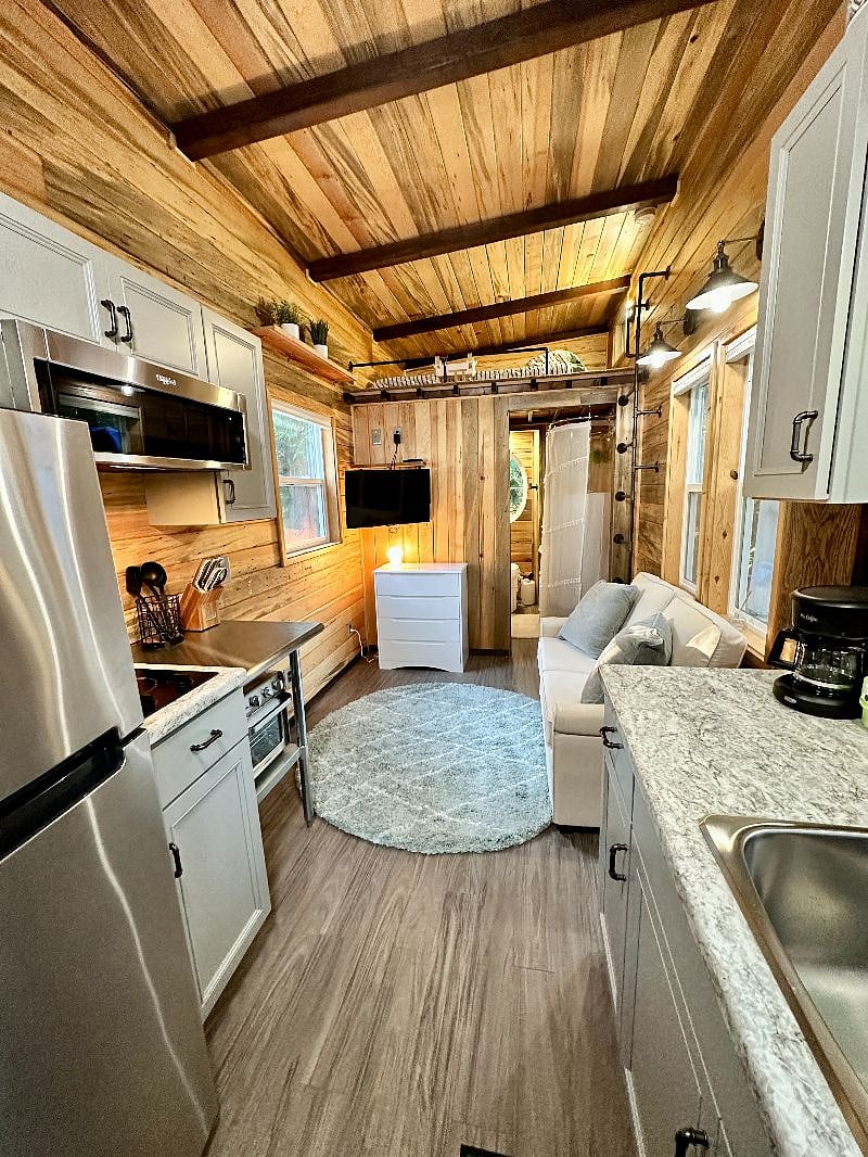 The wood on the walls was all salvaged from a school that was demolished in Oregon.
